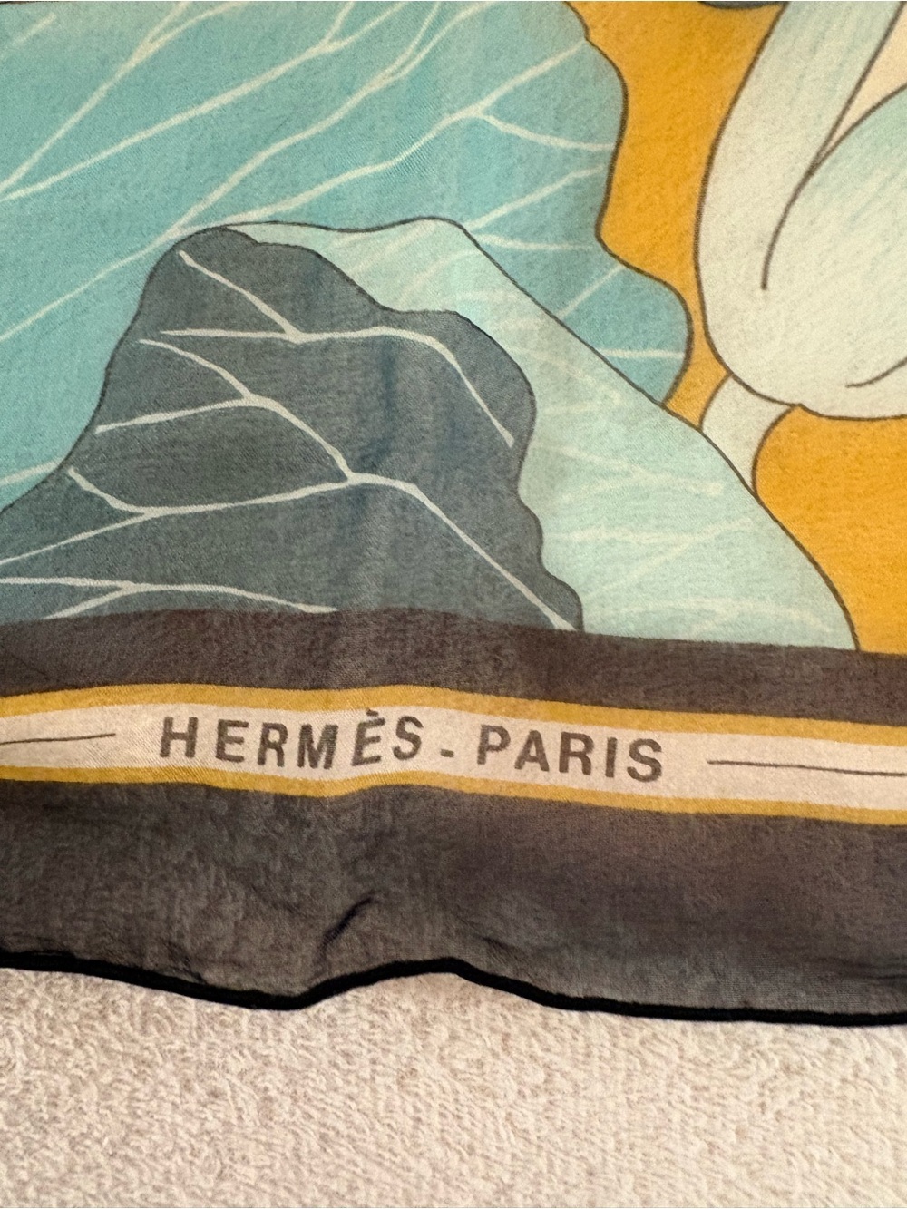 HermèsFleurs de Lotus Silk Scarf in Aqua, Mustard & Dark Blue - Picture 7 of 11